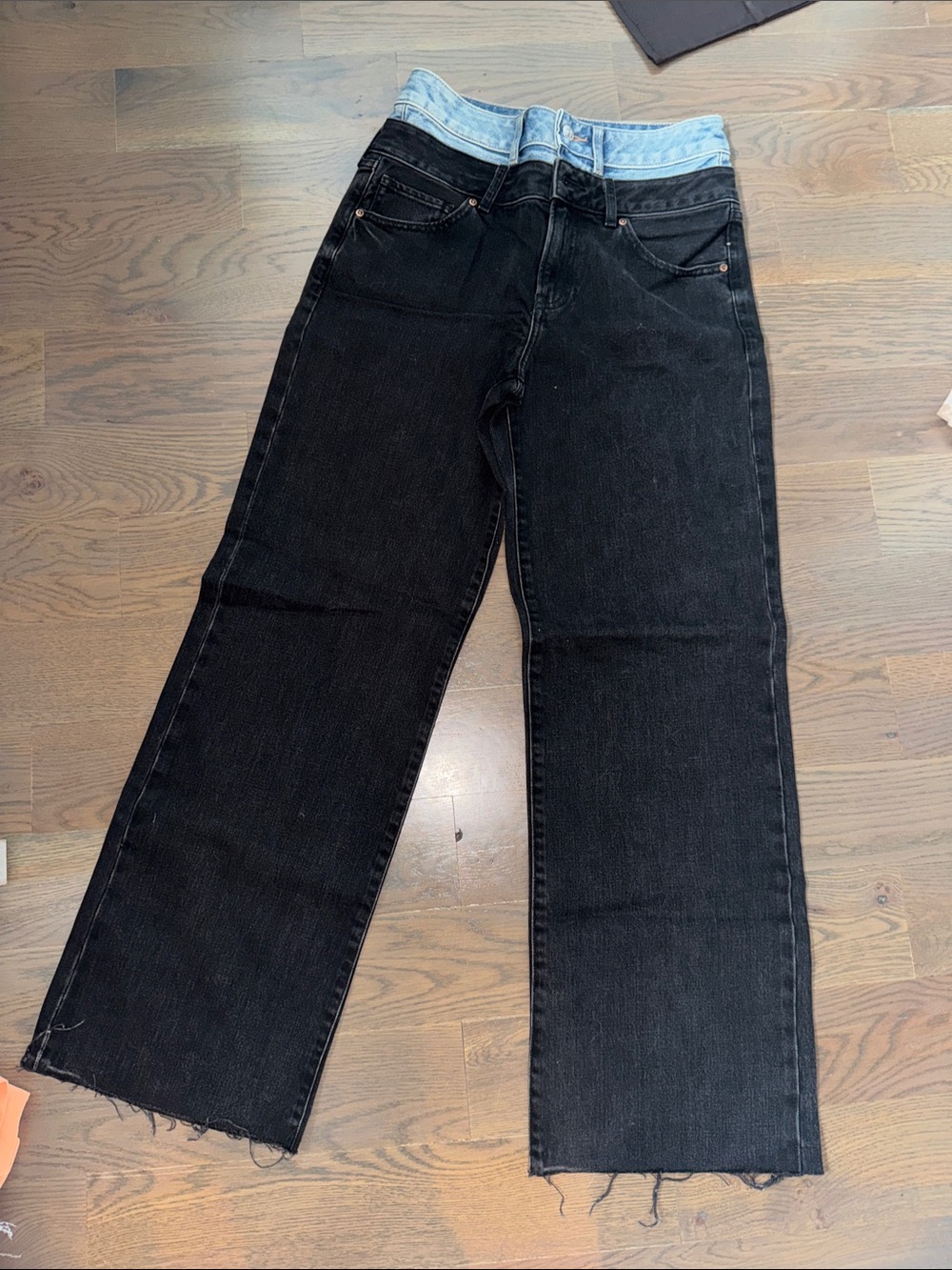 Express Two-Tone Wide Leg Jeans in Black and Light Blue